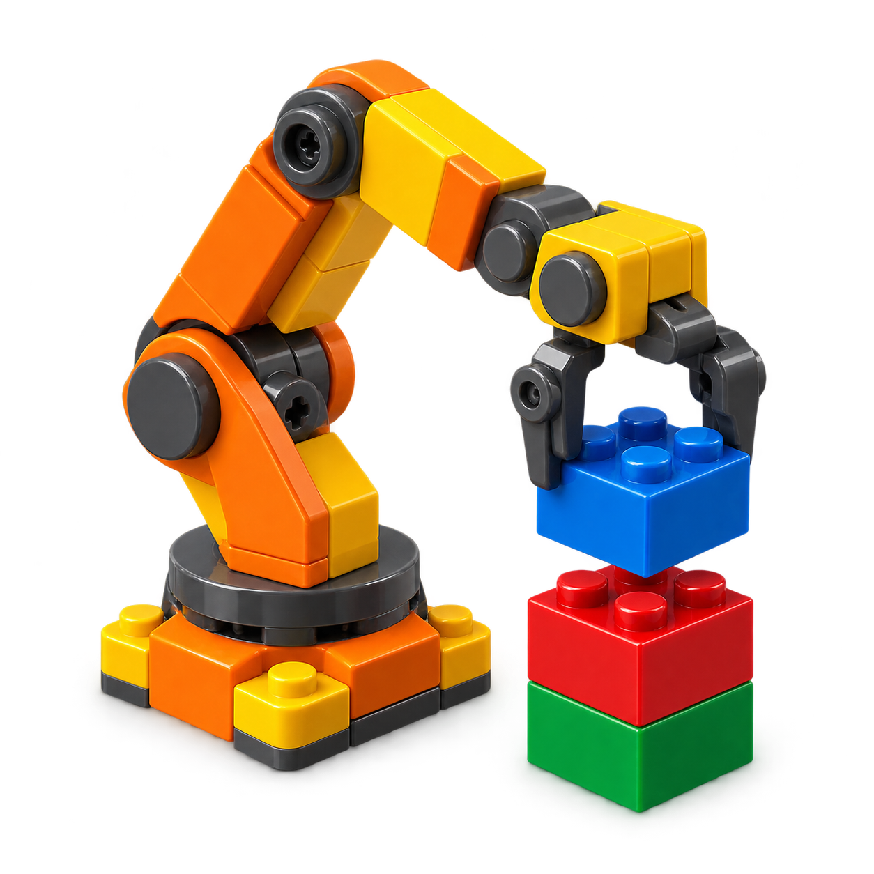 A small Lego robotic arm assembling colored bricks.