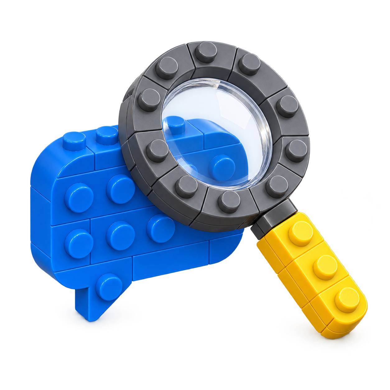 A Lego magnifying glass over a blue chat bubble.